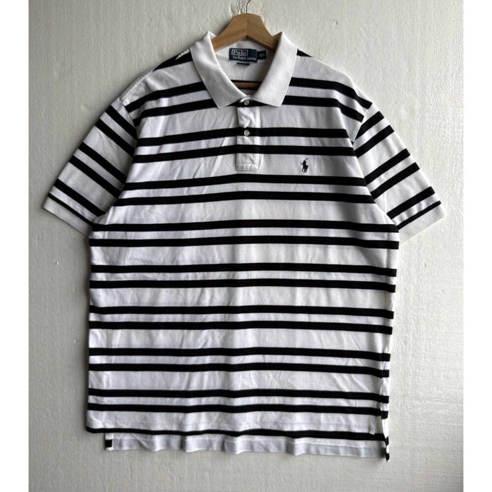 VTG Polo Ralph Lauren White Black Stripe Polo Shirt Men’s Size 2XL 100% Cotton
